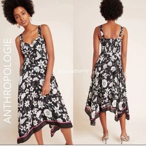 NWT ANTHROPOLOGIE BLACK MAEVE VIVIENNE SMOCKS FLORAL HANDKERCHIEF MAXI DRESS 12